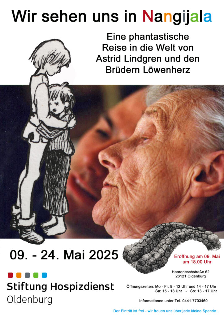 Ausstellungsplakat: WIR SEHEN UNS IN NANGIJALA. 09.-24.05.2025. Stiftung Hospizdienst Oldenburg, Haareneschstraße 62
